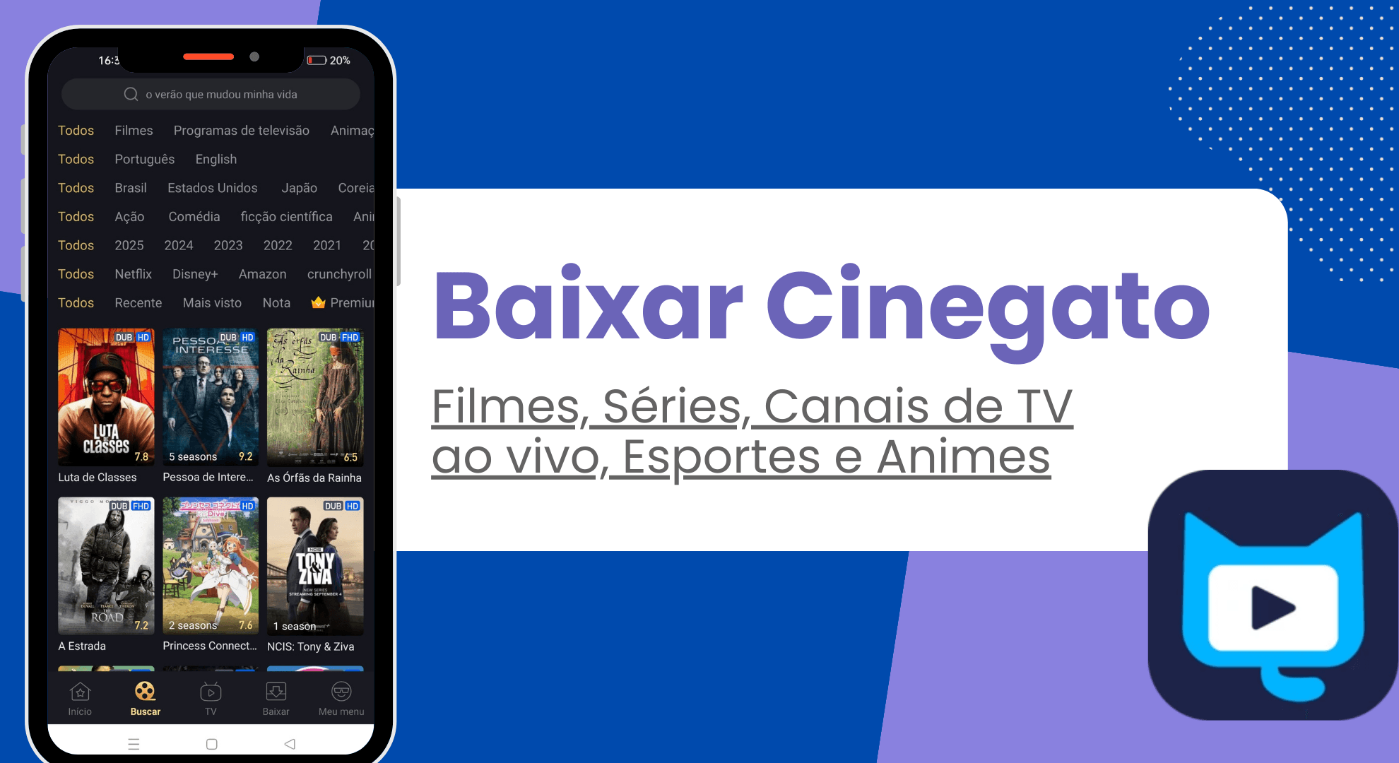 Cinegato APK: Aplicativo gratuito de streaming para Android no Brasil para assistir a filmes, séries, esportes ao vivo, animes e muito mais.